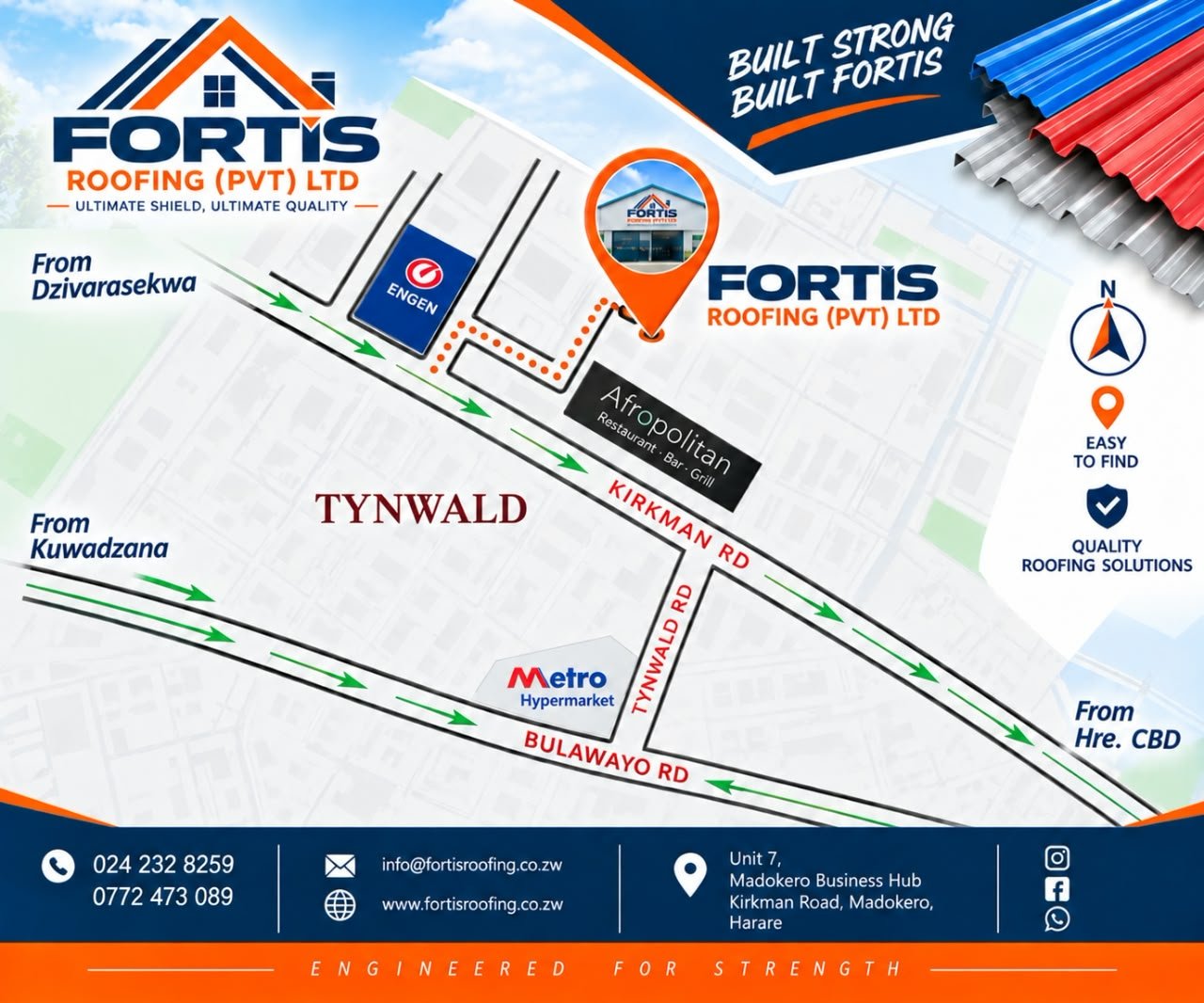 Route map to Fortis Roofing from Dzivarasekwa, Kuwadzana and Harare CBD